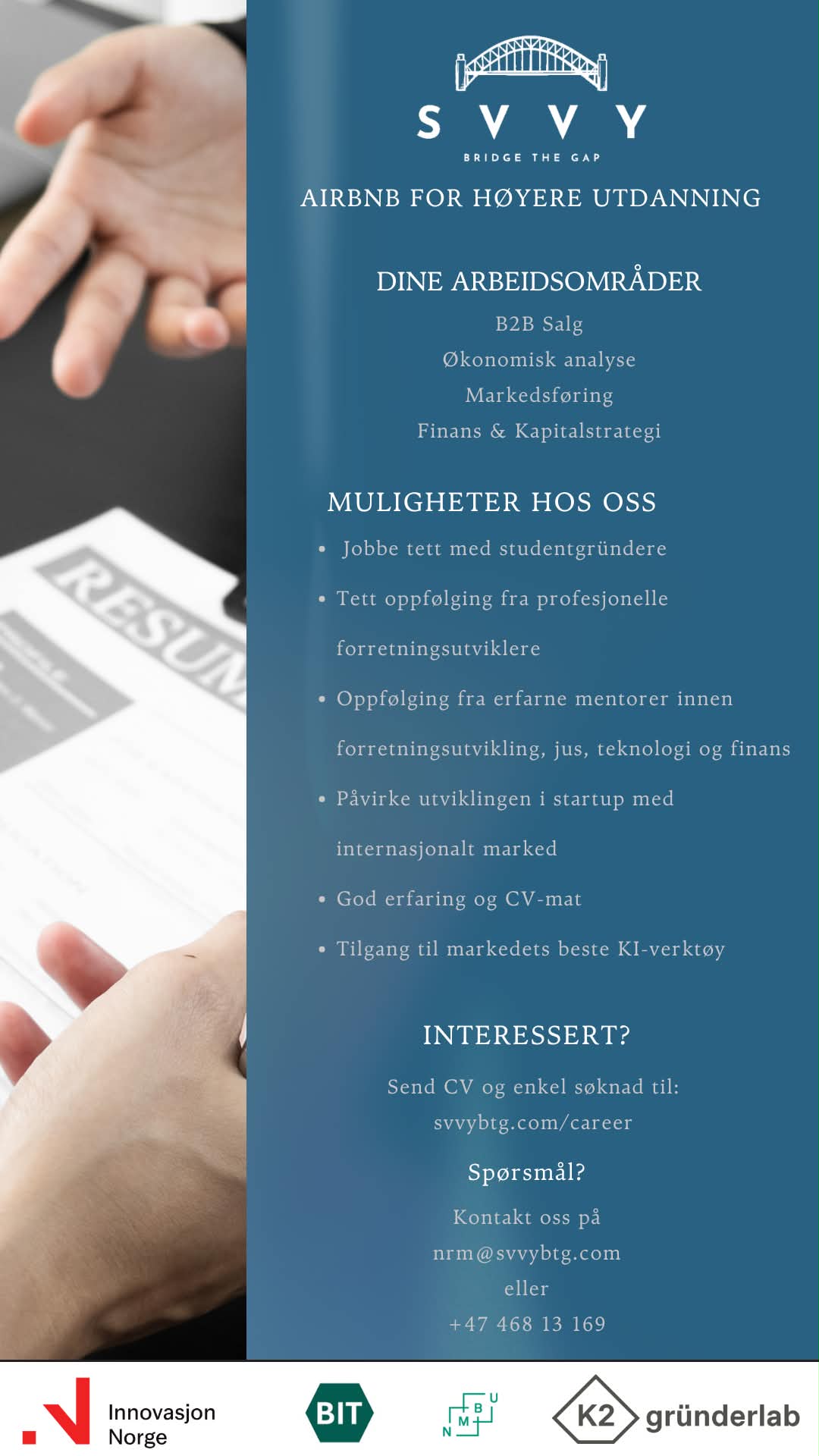 SVVY internship poster - arbeidsomrader og muligheter hos oss